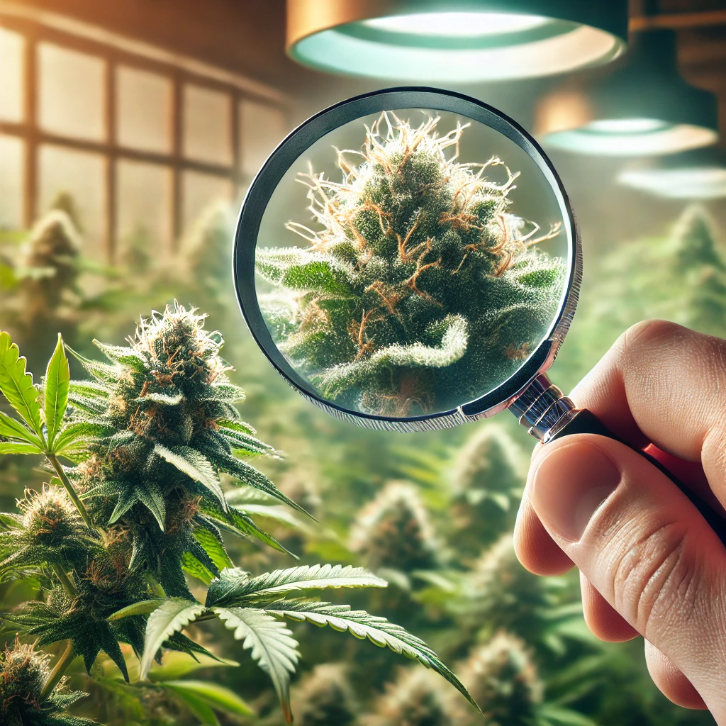 Hands inspecting cannabis flower