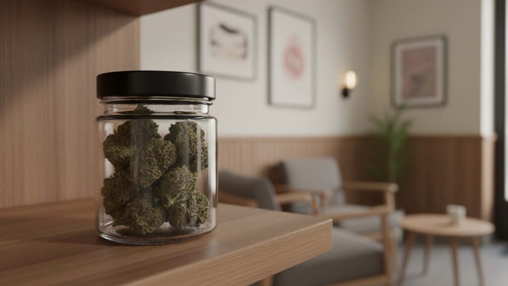 Assortment of dried cannabis flowers in jars